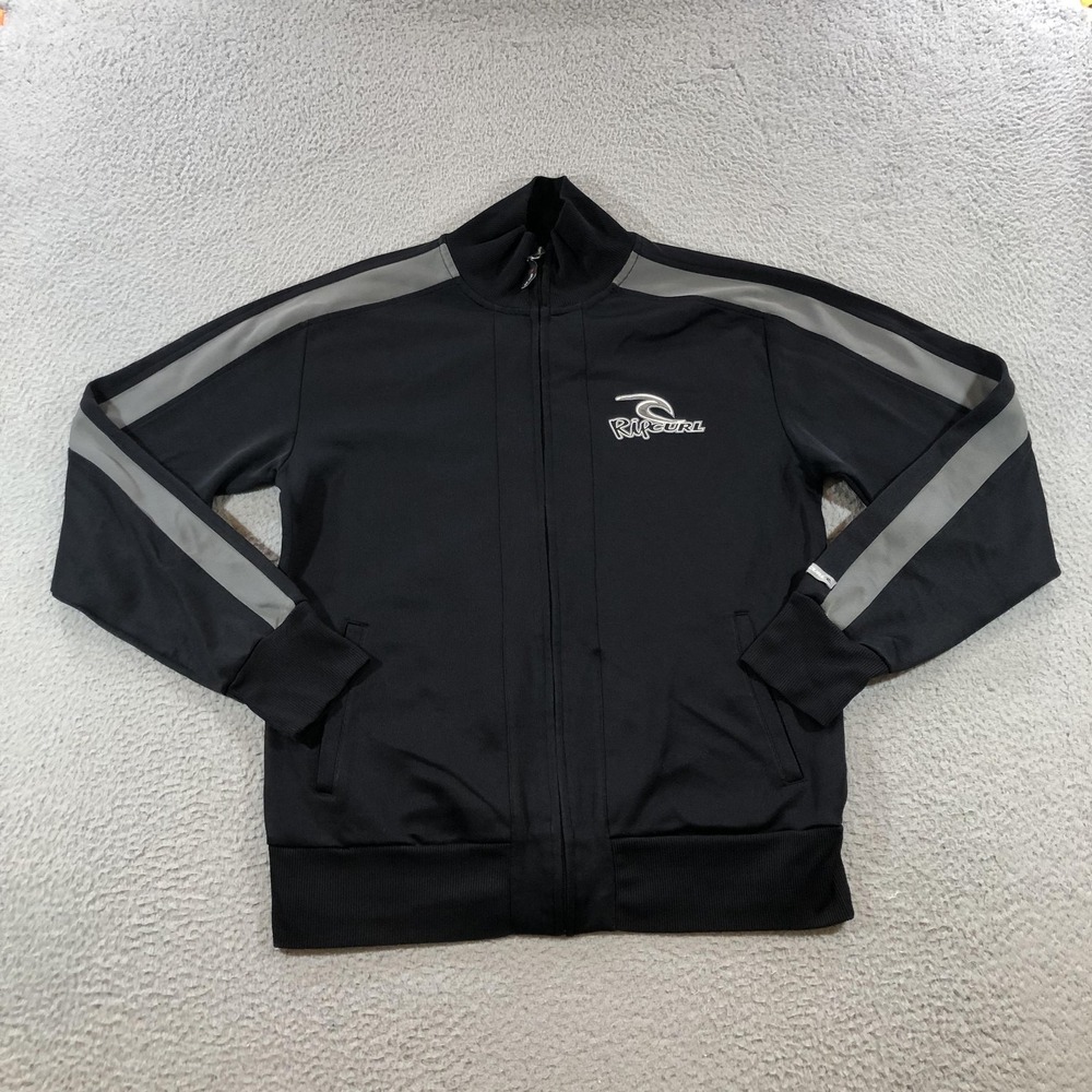 Rip Curl Track Jacket Mens Sz M Black Gray Full Zip Striped Athletic Surf Logo